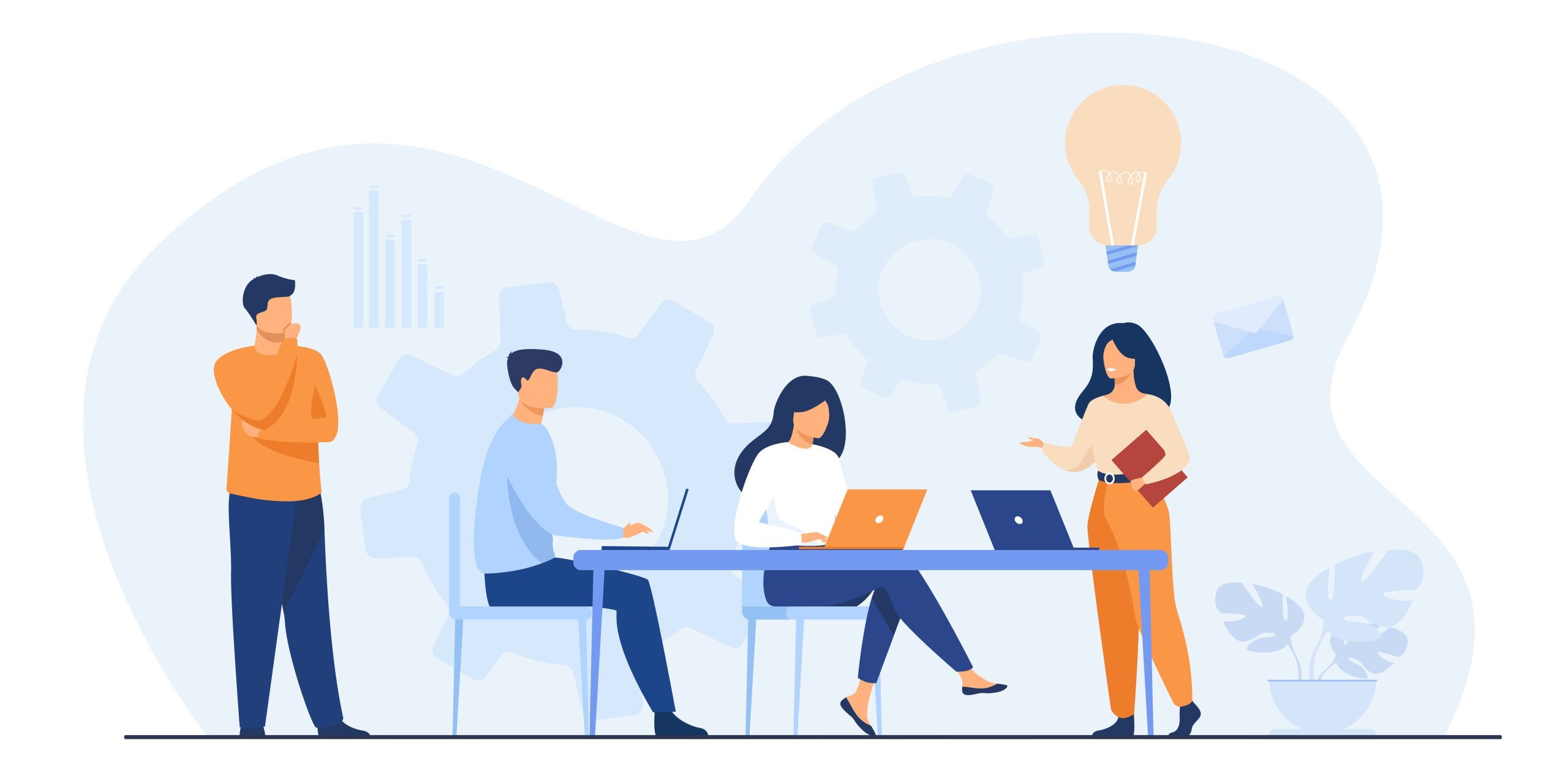 Company employees planning task and brainstorming flat vector illustration. Cartoon people sharing ideas and meeting. Teamwork, workflow and business concept